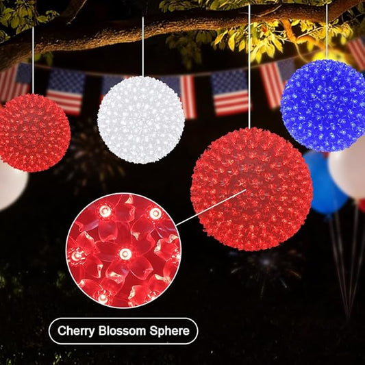 3PK 10in Patriotic Light Ball, 300LED Red White Blue Sphere Lights, Steady Hanging Globe Lights for 4th of July, Memorial Day, Independence Day & Veteran Day, Red White Blue Decor for Outdoor Home
