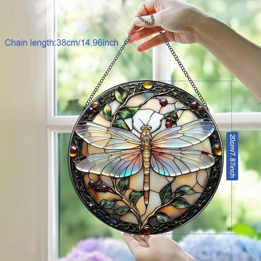 Stained Glass Window Hanging, Dragonfly Plant Suncatcher for Window Doors Garden Home Decoration, Colorful Glass Panel Ornaments for Women,Men,Wife, Lovers, and Mom 7.8x7.8 in