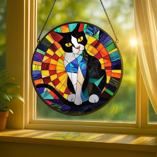 Stained Glass Window Hanging - Tuxedo Cat Rainbow Pattern 11.8in Sun Catchers Indoor Stained Glass Panels Wall Decor for Mom Wife Lovers Festive