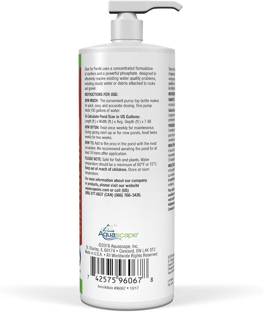 Aquascape CLEAR Water Treatment for Koi and Fish Ponds, Blend of Clarifiers to Clear Cloudy or Discolored Water and Reduce Debris, 32 ounce / 946-ml | 96067
