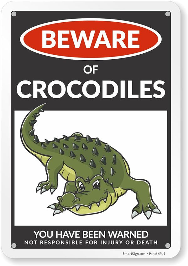 SmartSign Beware Of Crocodiles Warning Sign - 10"x7", 40 mil Laminated Rust-free Aluminum - Metal Signs for Wall Decor, Outdoors, Patio, Gifts, Cafe - Crocodile Theme, Made in USA