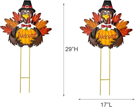 Fall Harvest Thanksgiving Metal Pumpkin Welcome Sign with Turkey Stakes Yard Decorations 28.5''H, Set of 2