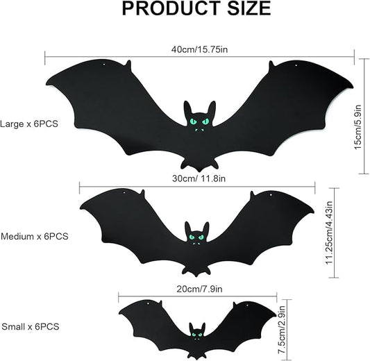18 PCS Hanging Bats Halloween Decorations - 3 Different Sizes Black Bats with Glowing Eyes for Outdoor and Indoor Party Decor - Yard, Wall, Tree, Lawn