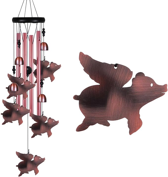 Outdoor Fly Pigs Wind Chimes Indoor Decor - Hand-Made Mobile Romantic Windcatcher, Pig Chimes, Flying Pig Wind Chimes for Home, Balcony, Tree, Patio, Garden Decoration, Gift for Mom(4 Tubes, 5 Pigs)