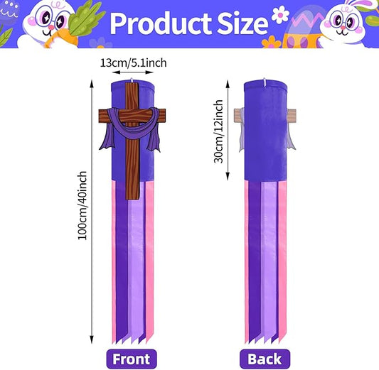 40 Inches Easter Christian Cross Windsock Decorations, Hanging Outdoor Religious Decor with Purple Streamers and Wooden Cross Design, Inspirational Wind Sock Ornament for Church, Outside Garden Yard