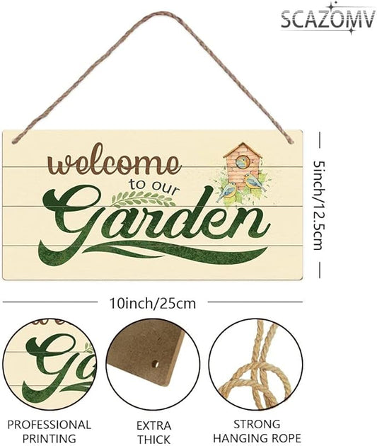 SCAZOMV Garden Sign Decor, Welcome To Our Garden, Funny Outdoor Decorative For Garden Backyard Patio Farmhouse, Potting Shed She Shed Personalized Wooden Hanging Plaque 5"X 10"