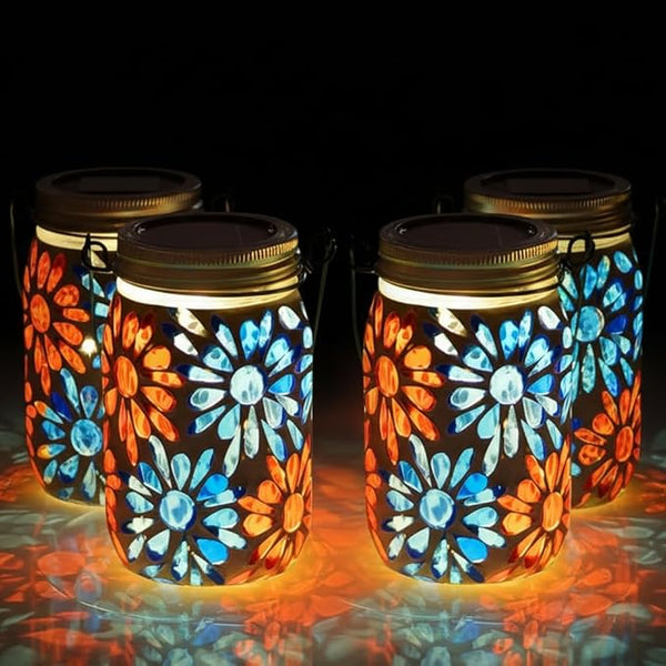 Starsoul 4 Pack Solar Lanterns Outdoor Waterproof, Mosaic Flowers Glass Solar Hanging Outdoor Lights, Decorative Solar Lantern for Outside Pathway Patio Porch Yard Decor