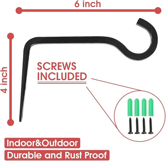2 Pack 6 Inch Premium Decorative Metal Iron Wall Hook, Rustic Plant Hanger, Indoor Outdoor Gardening Bracket Hook, for Planters, Bird Feeders, Lanterns, Wind Chimes, by RIGHT+LEFT (Black)