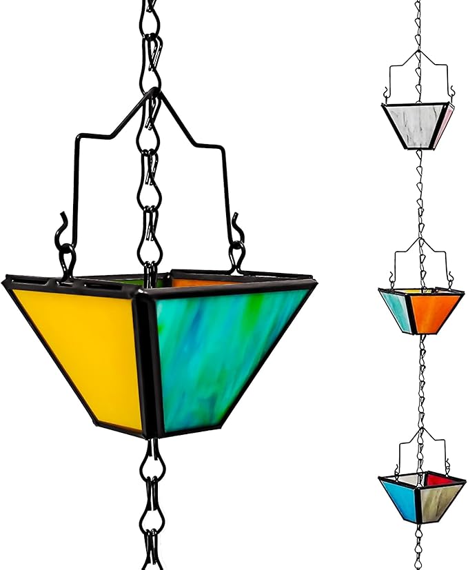 Rain Chain Set 8.5FT,Handmade Pure Copper Inlaid Stained Glass Vintage Style, Rain Chains for Drains to Divert Water & Home Display, Garden Decoration (Mutil col)