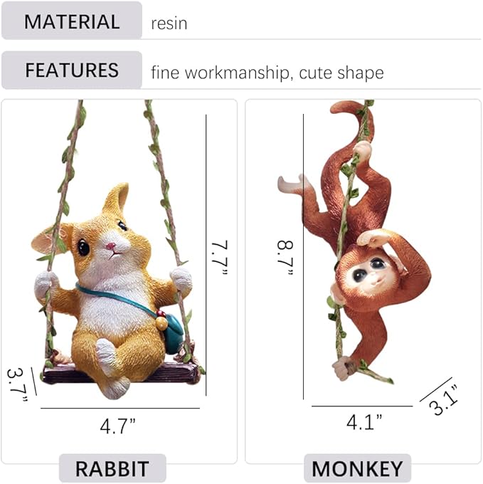 WAYUTO Swing Garden Rabbit Statue Ornament Decorative Hanging Hammock Animal Figurines Cute Resin Rabbit Figure Outdoor Funny Garden Decor for Patio Yard Lawn Fence Pathway Backyard Landscape Tree