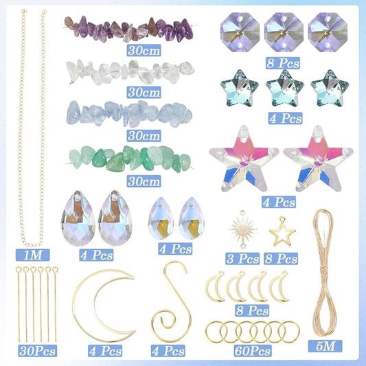SUNNYCLUE 1 Box DIY 4 Sets Suncatcher Making Kits Sun Catchers Kit Moon Suncatchers Amethyst Kyanite Green Aventurine Opalite Chip Beads Hanging Sun Catcher for Windows Home Garden Party Wedding Decor