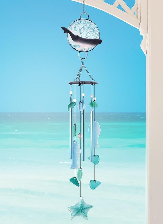 Sunset Vista Designs Windchimes - Handcrafted Glass and Metal Coastal Themed Wind Chime, 36-Inch, Whale