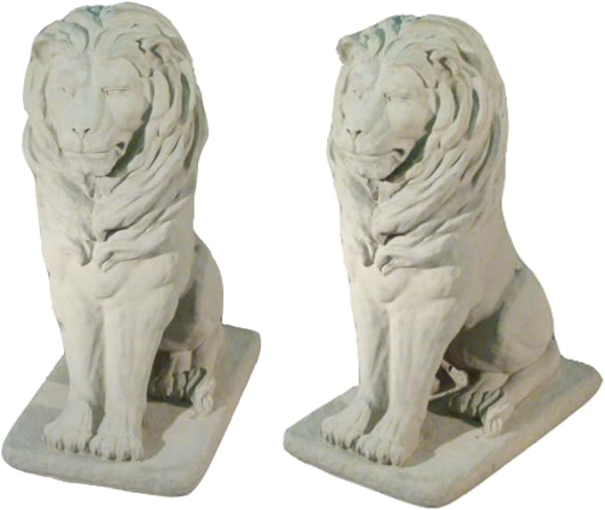 Pack of 2 Regal Sitting Lion Cast Stone Concrete Outdoor Garden Statues