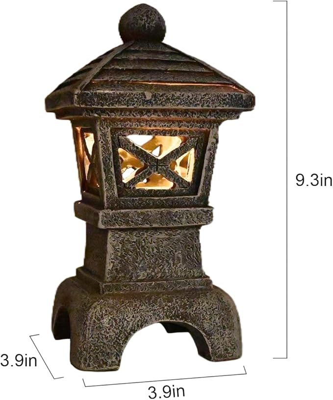 Solar Pagoda Garden Statue Outdoor Zen Japanese Stone Lantern Decor Asian Style Pagoda Lantern Light for Yard Decorations Patio Backyard Lawn Ornaments Home Landscape Art