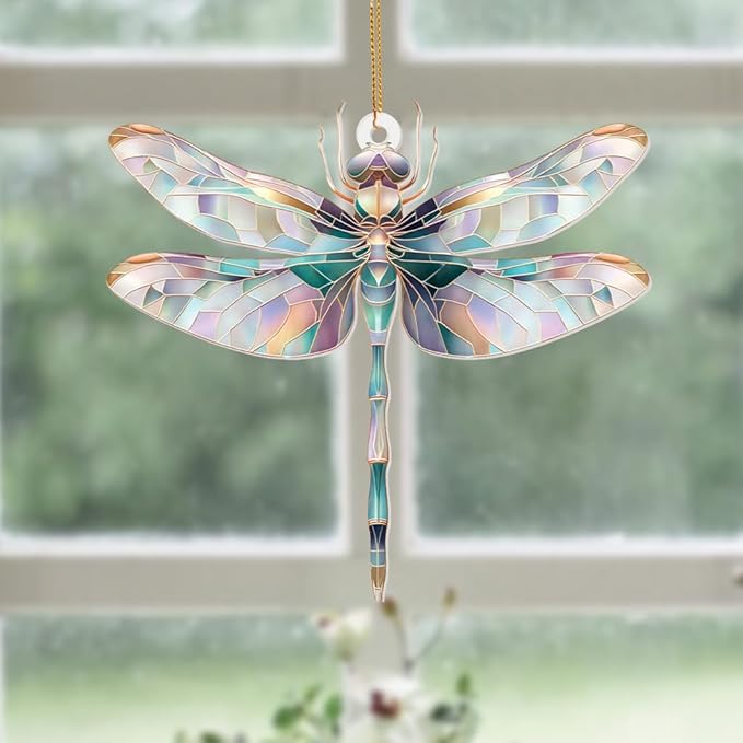 Dragonfly Ornament Stained Glass Style โ Acrylic Window Hanging Suncatcher, Car Rearview Mirror Charm, Whimsical Holiday Christmas Tree Ornament, Unique Dragonfly Gifts for Women, Mom, Teacher(Sun-13)