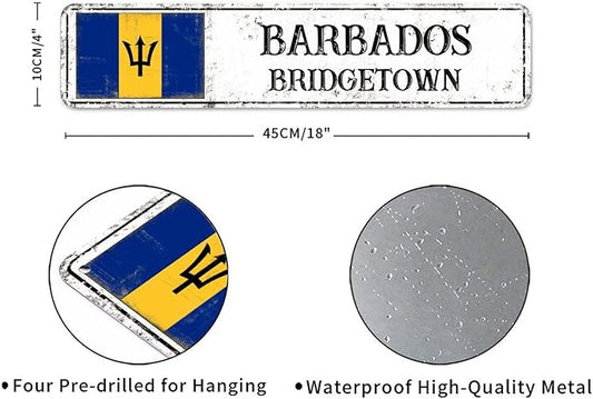 Personalized Barbados Street Sign Barbados Flag Metal Sign Capital City of Barbados Metal Sign Road Wall Art Rustic Country City Indoor & Outdoor Decor for Home Man Cave Door Porch Garden 18x4in