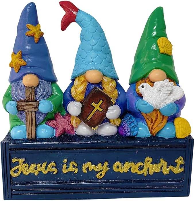 OrnamentallyYou Spring & Summer-Themed Garden Statues – Adorable Outdoor Decor for Lawn, Patio & Porch (Nautical Themed Religious Gnome Figurine, Jesus is My Anchor 6" Beach House Statue)