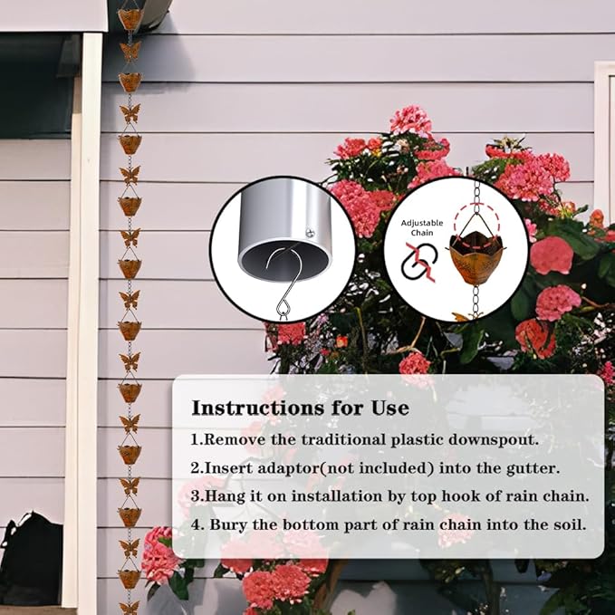 9.2FT Rain Chain for Outside, Rain Chain with 12 Butterfly Cups Adjustable Rain Chains for Gutters, Eaves, Drainage, Replacement for Downpout