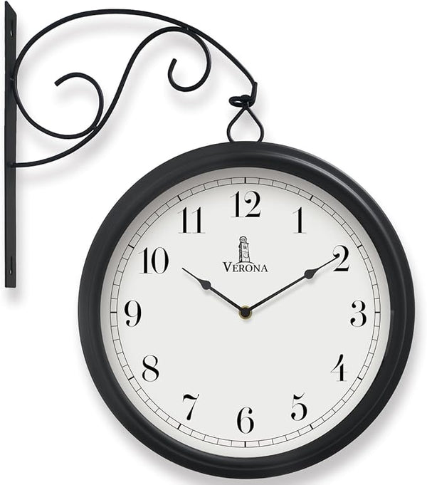 Large Metal Double Sided Wall Clock 13.4" - Decorative Indoor Outdoor Double Sided Clock - Easy to Read, Hanging Train Station Style for Patio, Garden, Office - Antique Style Outside Corner Wall Decor