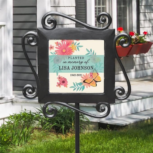 GiftsForYouNow Personalized Planted in Memory of Garden Stake, 28” by 8.5”, Wrought Iron Stake with Decorated Tile, Front Yard Garden in Memory of