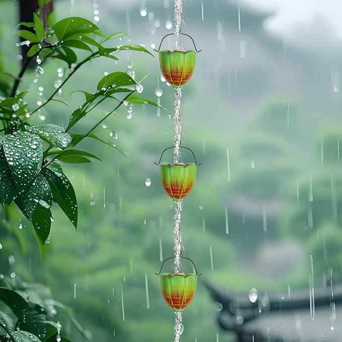 Rain Chains for Outside, 10FT Rain Water Chain with 12 Lily Cups, Adjustable Rain Gutter Chain with Bell for Eaves Drainage, Replacement for Downspout