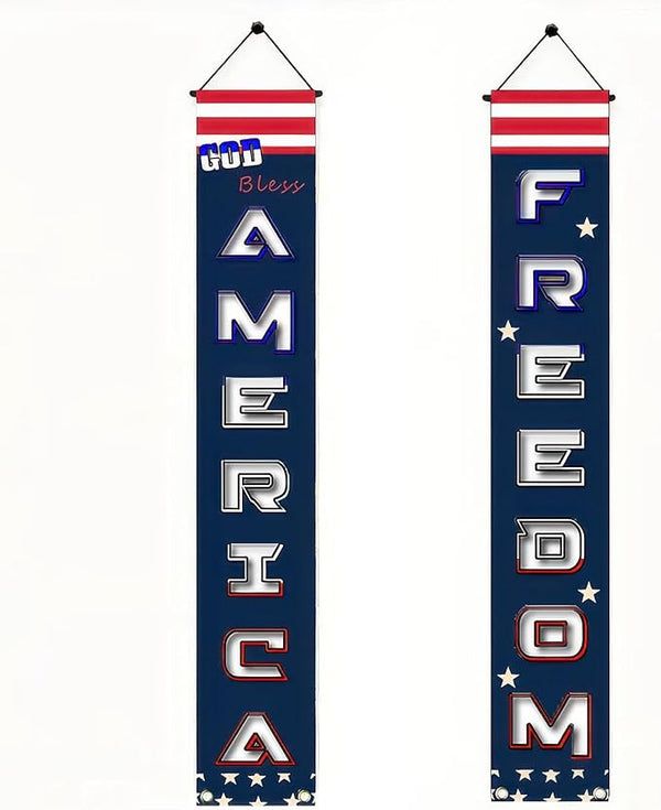 BlissYard 2Pcs Patriotic Themed Door Banners 4th of July Decorations Freedom America Banner Hanging Porch Signs Banners for Independence Veterans Day Memorial for Front Yard Indoor Outdoor Supplies