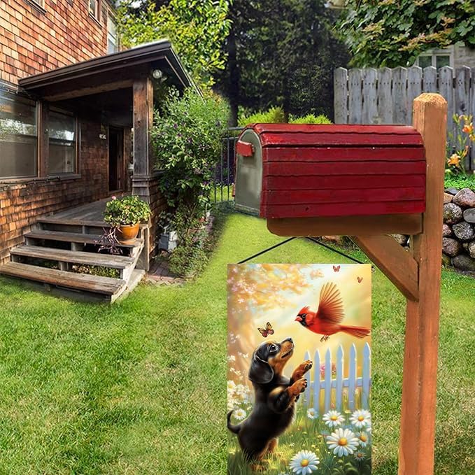 Spring Summer Garden Flags for Outside 12x18 Double Sided, Small Burlap Black Dachshund Dog Cardinal Floral Garden Flag Spring Summer Outdoor Yard Decorations