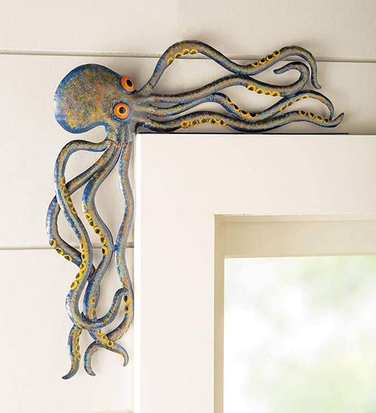 Wind & Weather Metal Octopus Door Crawler – Handcrafted Reclaimed Metal Indoor and Outdoor Decor – Mottled Blue Finish with Big Rrange Eyes – 17.32 W x 5.51 H x 1.61 D