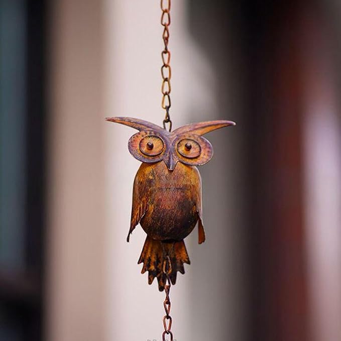 Owl Rain Chain, Bronze Metal Bird Rain Catcher Chain with Bell 90.6 inch Adjustable Metal Rain Chain for Garden Decoration Eave Device