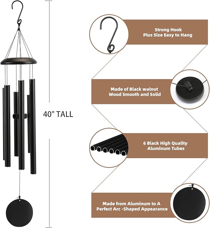 Wind-Chimes-Outdoor-Large-Decor, Deep Tone Soothing Melodic Tones Windchimes, Wind Chimes for Outside, Memorial Wind Chime Best Gift for Mom Women Grandma Neighbors(40" Black)
