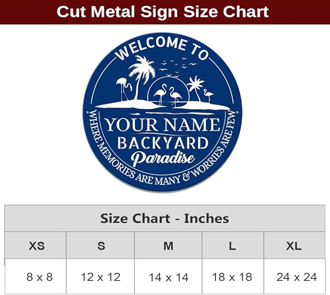 MeMate Personalized Backyard Signs, Patio Sign for Outdoor Decor, Customized Name Metal Sign, Flamingo Backyard Paradise Sign, Round Printed Metal Sign for Restaurants Farmhouse Porch Deck