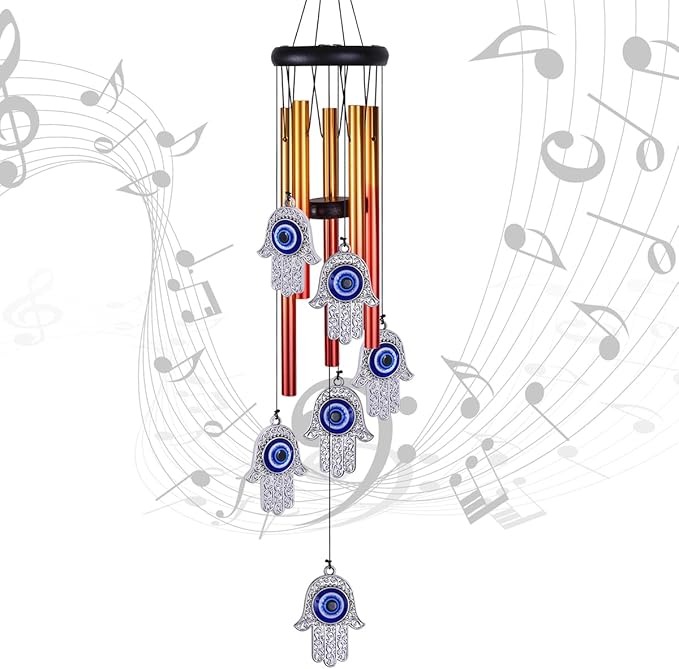 Blue Evil Eye Hand of Fatima Wind Chimes Outdoor Decoration, Evil Eye Wind Bells, Hamsa Hand Windcatcher, Fatima's Holy Hand Blue Evil Eye Amulet Wind Chimes for Home,Gift for Mom,Balcony,Patio,Garden