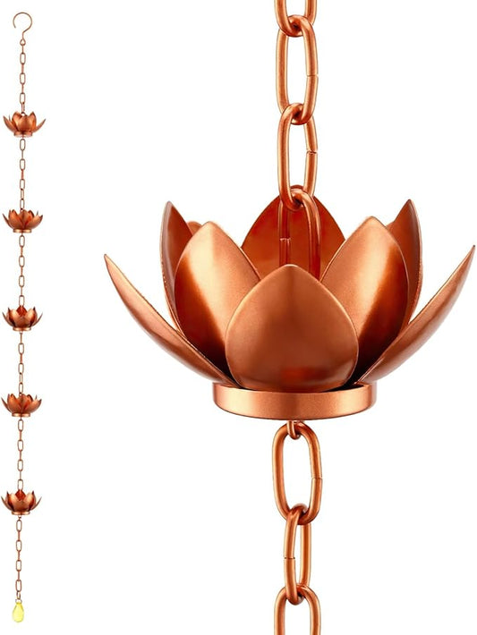 OMISTAR Rain Chain with 5 Lotus Cups, Hanging Outdoor Gutter Rain Chain, Decorative Downspout with Lotus Flowers & Yellow Gemstone Pendant, 47 in Rain Chain for Garden, Patio, Porch, Yard
