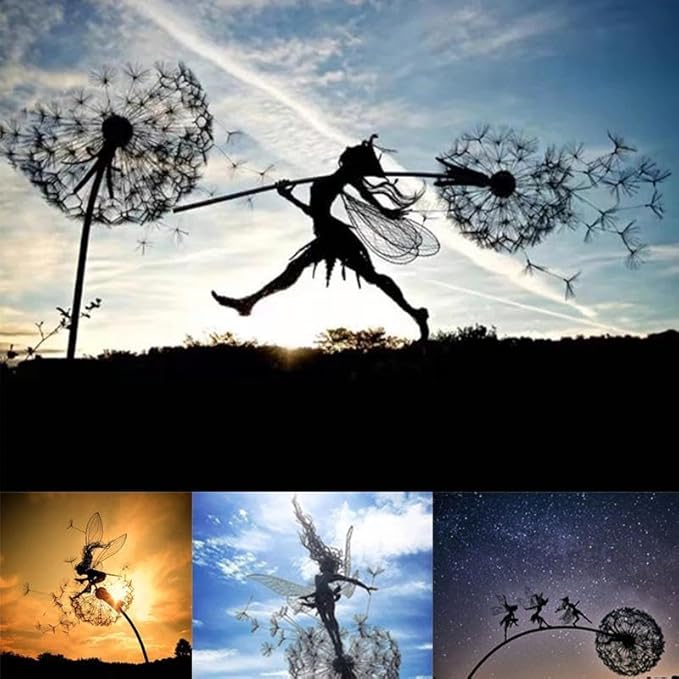 Fcteap Flower Fairy Dancing with Dandelion Garden Art Sculpture Stainless Steel Statue Christmas Halloween Decoration for Outdoor Yard Courtyard Lawn Patio Metal Ornaments (Wave)