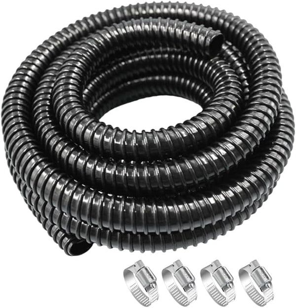 Pond Tubing ID 1” × 20FT Long Corrugated Flexible Pond Hose Pipe with 4 Clamps Pipe Fittings for Pond Pump Fountain Garden Waterfall