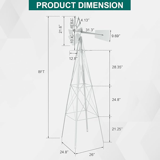 Metal Windmill for Garden Yard Decor, 8ft Tall Windmill Pinwheels Outdoor with Spinning Blades, Weather Vanes Lawn Ornaments, Weather-Resistant, White