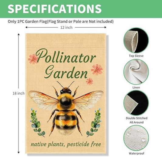 Perfectinsoy Pollinator Garden with Native Plants Pesticide Free Garden Flag, No Mow Sign, Pollinator Friendly Garden Sign, Welcome Yard Farmhouse Spring Outdoors Decor, Bee Lover Gifts for Gardeners