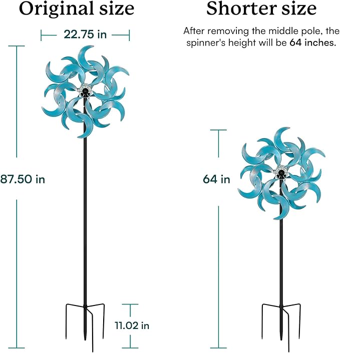 87" Wind Spinner Outdoor with Solar Light, Large Metal Wind Sculptures Spinners, Windmill for Garden Yard Patio Lawn Decor - Azure Moon (23" W x 87" H)