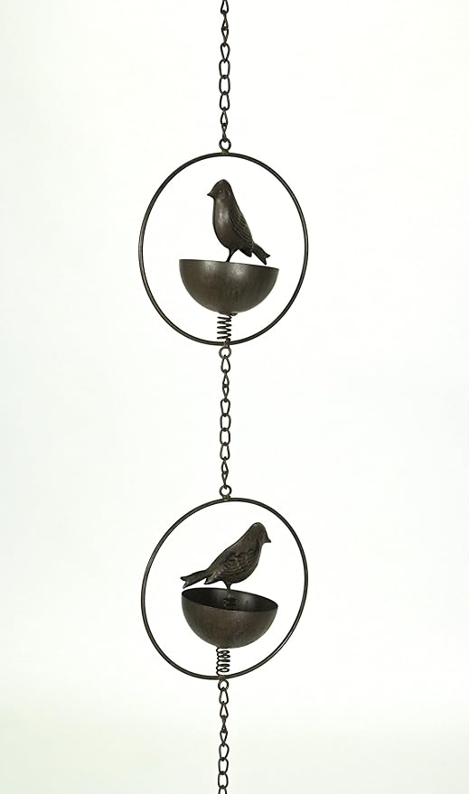 Mayrich 65 Inch Dark Brown Bird Bowl Metal Rain Chain Decorative Patio Accent Garden Art, One Size