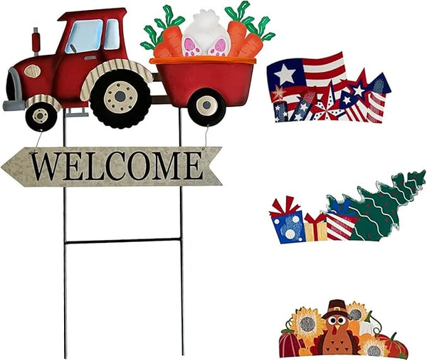 Metal Rustic Interchangeable Truck Yard Stakes with Seasonal Signs Decor for 4th of July Fall Harvest Christmas Winter Holidays Decoration-Set of 4