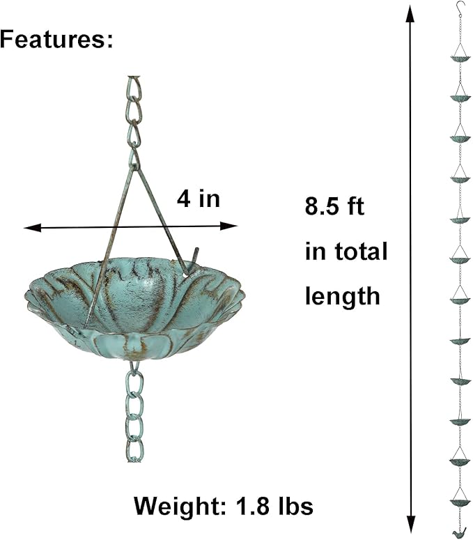 Jemeni 12-Cup Water Lily Rain Chain for Gutters 8.5ft, Green Patina Iron Easy-Install Gutter Chain Alternative, Outdoor Garden & Patio Decor