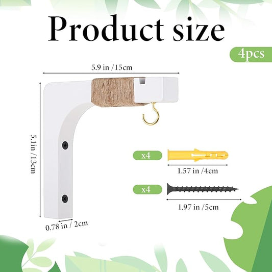 4 Pack Wooden Plant Hangers Hanging Wall Plant Hooks Farmhouse Wooden Hanging Basket Wall Hooks for Lanterns, Flower Bracket, Wind Chimes, Lamp, Bird Feeders, Patio Decor, White, 6 inch