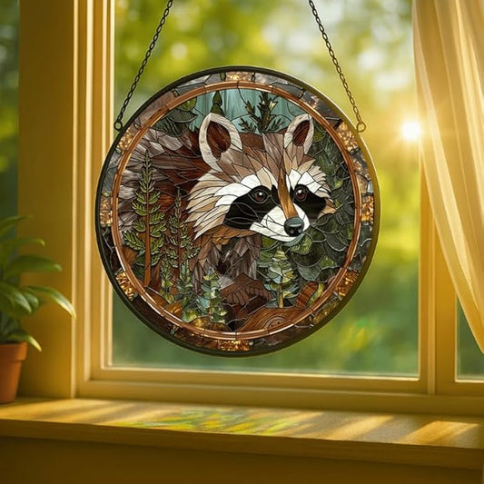 Stained Glass Window Hanging - 9.8in Forest Raccoon with Pines Sun Catchers Indoor Stained Glass Panels Wall Decor for Mom,Wife,Lovers,Festive