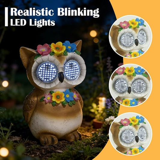 Solar Garden Statue with LED Lights, Dynamic Blinking Lights and Flowers, Outdoor Garden Figurine for Patio Porch Lawn Backyard Decor, Housewarming Gifts for Women (Owl)