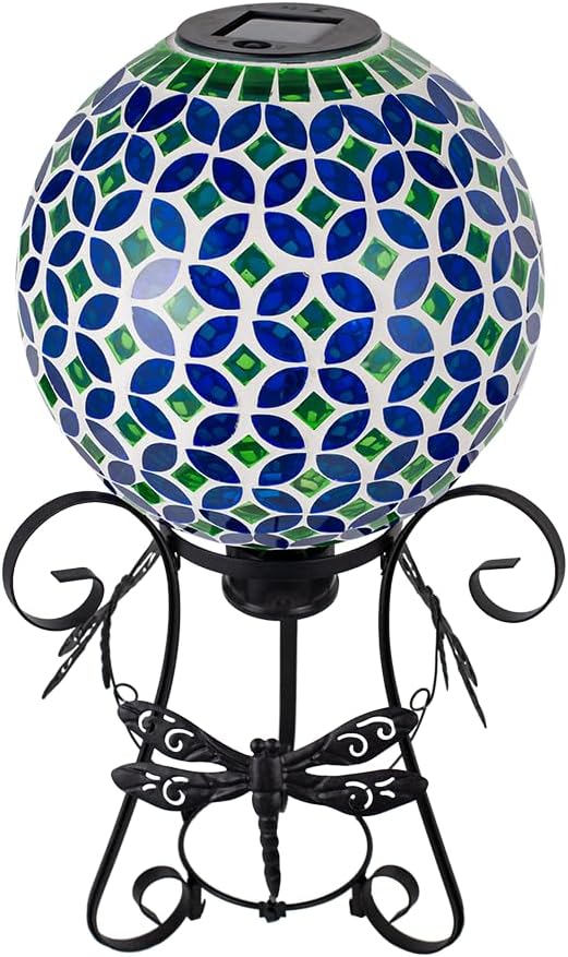 Stargarden Solar Gazing Ball, 10”Glass Gazing Globe, Mosaic Gazing Balls with Metal Ball Stand for Patio, Lawn, Garden Decor(Blue)