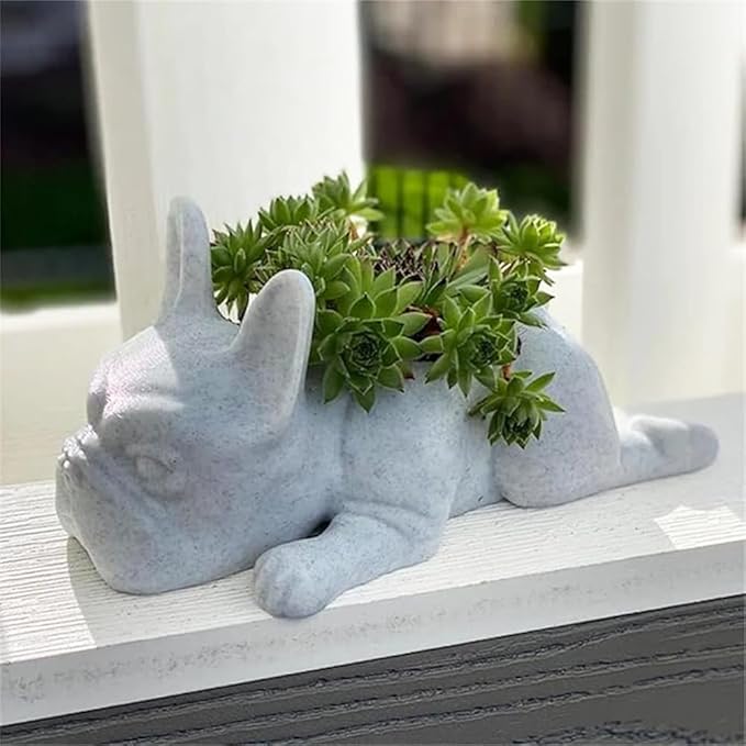 OULIGET Resin Dog Sculpture,Mini French Bulldog Garden Statue Planter Pots with Drainage Hole,Cute Bonsai Flower Pots Ornaments for Indoor Office Outdoor Balcony