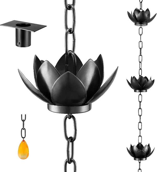 Oak Leaf Rain Chain with Adapter, 8.5ft Adjustable Lotus Rain Catcher Chain for Gutters Outside Downspout, for Divert Water and Home Display, Black Powder Coated
