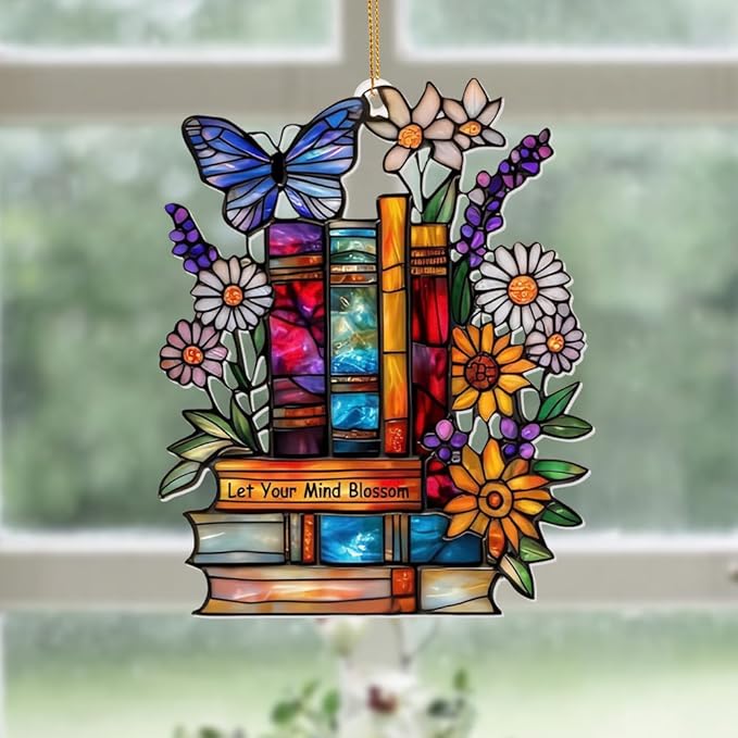 Book Ornament โ Stained Glass Style Acrylic Christmas Ornament with,Teacher Back To School Gift, Bookish Gifts For Librarian, BookLovers,Reader, Women, Suncatcher Effect Decor For Christmas Tre,S-18