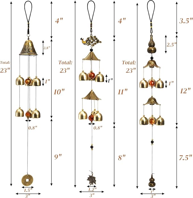 Eorbow 3 Packs Lucky Wind Chimes, Chinese Wind Bell, 6-Bell Vintage Hanging Bell Chimes with Gourd Dragon Peacock Coin for Good Luck Wealth Blessing, Home Garden Patio Decoration