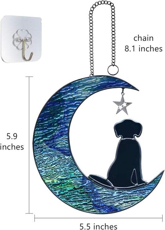 Dog Decor Stained Glass Moon Suncatchers Window Hanging, Wall Art Element Earth Tones Modern Design Home Garden Suncatcher, Dog Lovers for Halloween Decor